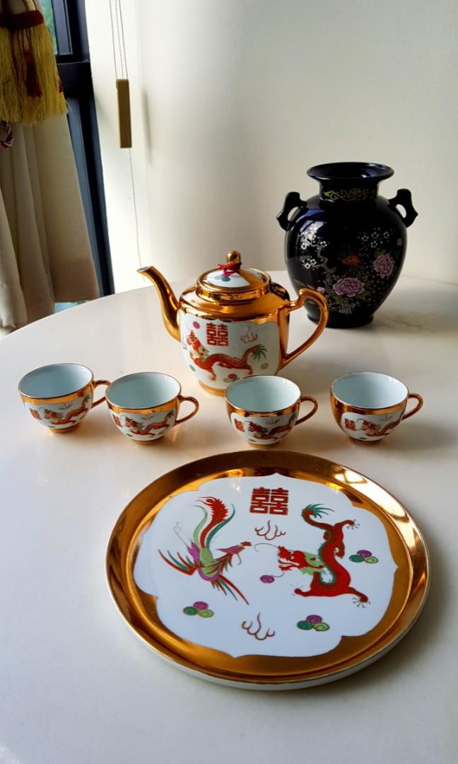 Tea set with Gold color outlines 567003龙凤描金茶壶, Women's 