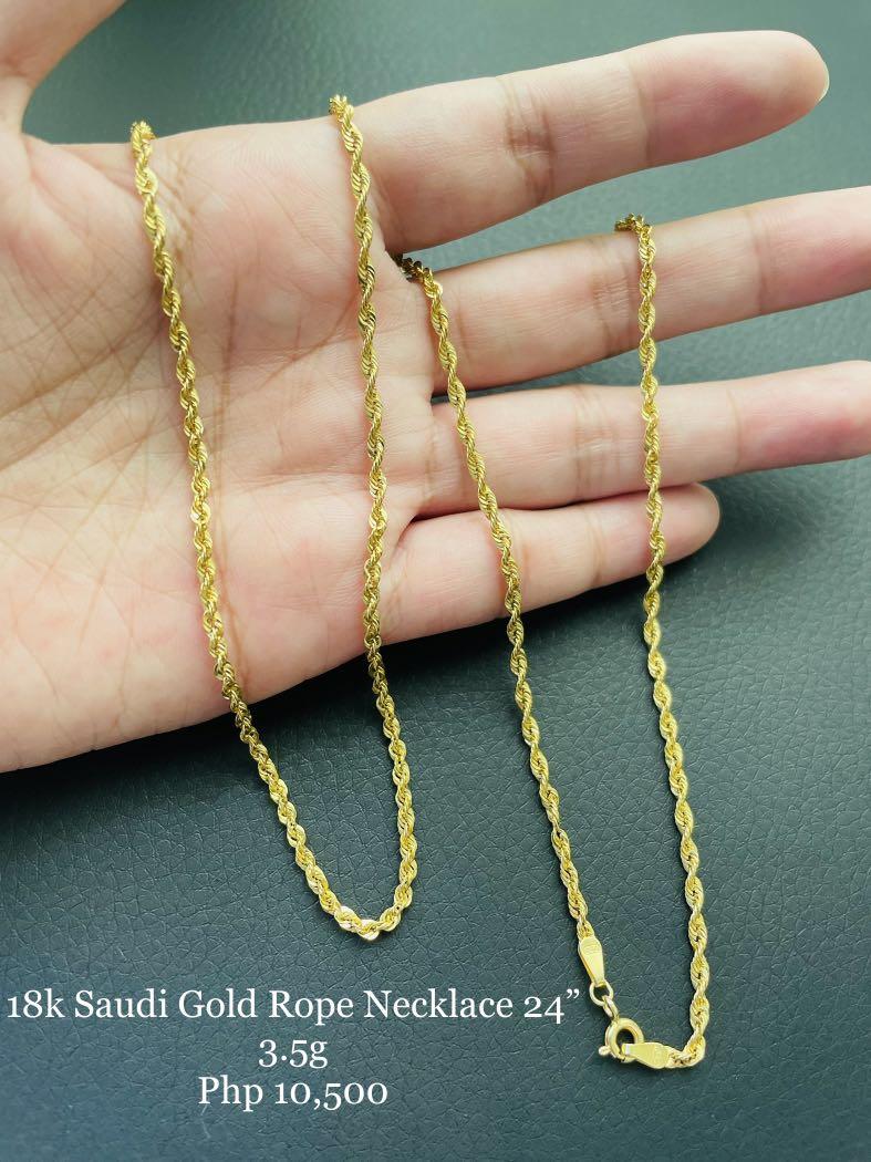 18k Saudi Gold Rope Necklace 24”, Women 
