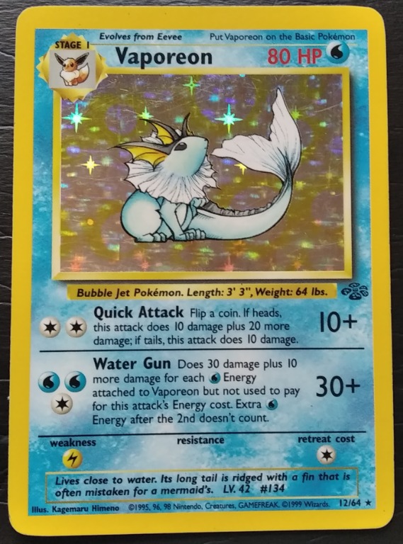 1999 Vaporeon 12/64 Holo Rare Jungle Single Card ︳100% Original