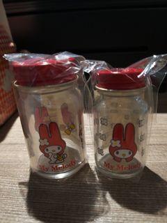 全新 sanrio MM 1997 melody 兔仔 日本製 玻璃瓶 玻璃樽 玻璃罌 一套兩隻每set $99