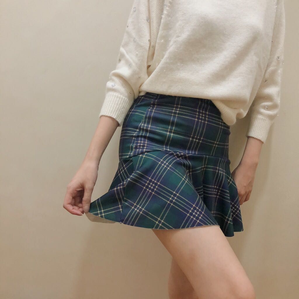 Khaki green plaid skirt clearance