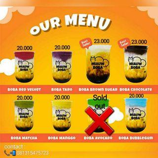 Miauw boba 7rasa matcha coklat redvelvet mango taro bubble gum brown sugar