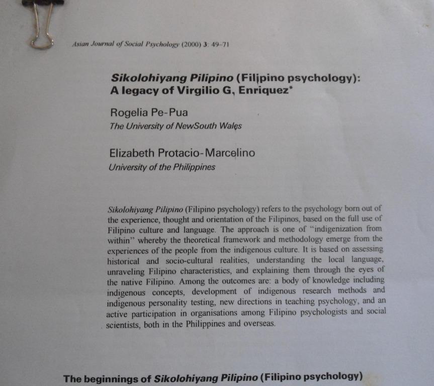 Psychology handouts for students(Php75.00 all yours) (Category: Textbooks) located in Makati City. Submitted by chipipaypresyo (Listing ID 1070731146, Image 3). Description: CODE OF ETHICS FOR PHILIPPINE PSYCHOLOGIST PHP30.00 INDIGENIZATION OF PSYCHOLOGY IN THE PHILIPPINESS PHP35.00 SIKOLOHIYANG PILIPINO(FILIPINO psychology):A legacy of Virgilio G. Enriquez* PHP25 ONLY PHP75.00 BUY ALL RFS: NOT USING ANYMORE PM FOR PURCHASING .