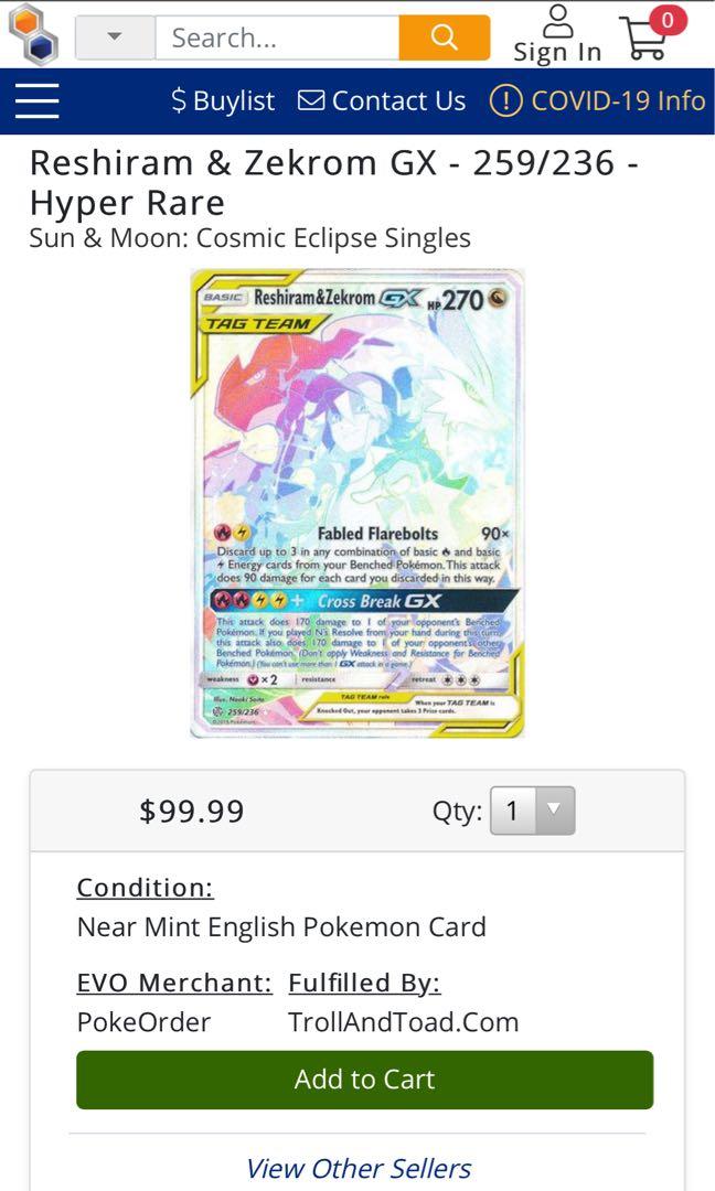 Reshiram & Zekrom GX - Cosmic Eclipse Pokémon card 259/236