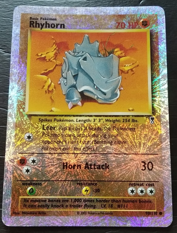 Rhyhorn 90/110 Reverse Holo Legendary Collection Single Card 100% Original  & Authentic Vintage Pokemon Card TCG, Hobbies & Toys, Toys & Games on  Carousell