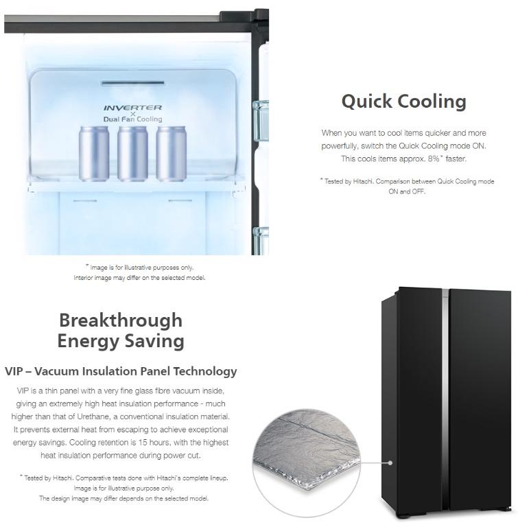 HITACHI RS700PMS0 595L GLASS BLACK/GLASS SILVER SIDE BY SIDE