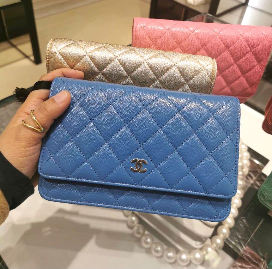 Brand New Chanel WOC Blue, Gold, Pink. Wallet On Chain ⚠️, Luxury, Bags &  Wallets on Carousell