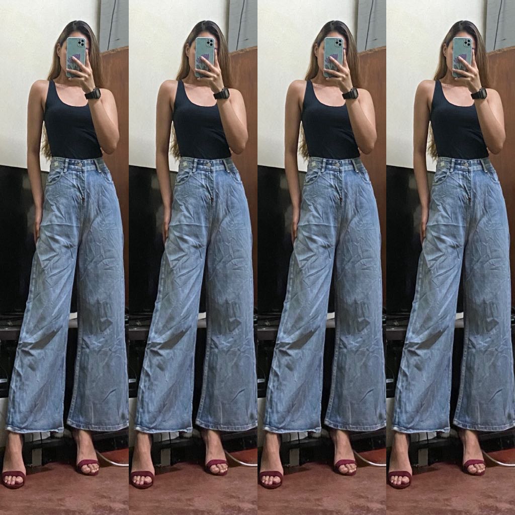 High waisted denim square pants, Women's Fashion, Bottoms, Other Bottoms on  Carousell