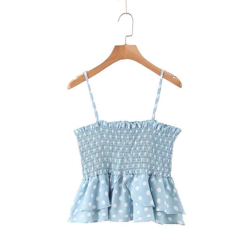 Ruffled light blue tank spaghetti tank top (Category: Sleeveless) located in Cebu City. Submitted by lavitify (Listing ID 1071231799, Image 1). Description: Brand new and onhand Model is wearing size small Please refer to last photo for size chart Available sizes: Small and medium.
