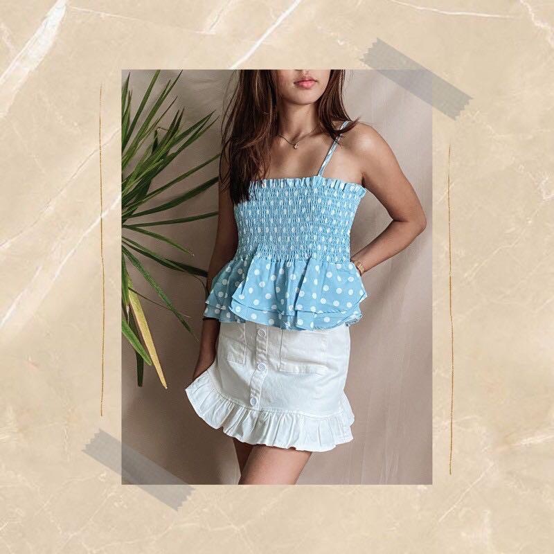 Ruffled light blue tank spaghetti tank top (Category: Sleeveless) located in Cebu City. Submitted by lavitify (Listing ID 1071231799, Image 3). Description: Brand new and onhand Model is wearing size small Please refer to last photo for size chart Available sizes: Small and medium.