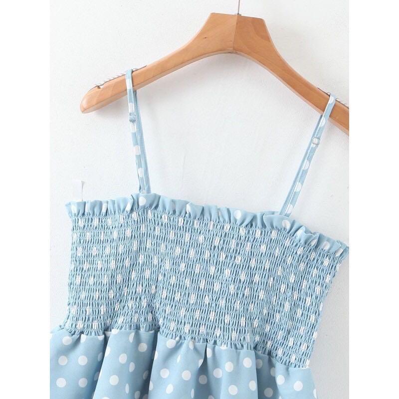 Ruffled light blue tank spaghetti tank top (Category: Sleeveless) located in Cebu City. Submitted by lavitify (Listing ID 1071231799, Image 2). Description: Brand new and onhand Model is wearing size small Please refer to last photo for size chart Available sizes: Small and medium.
