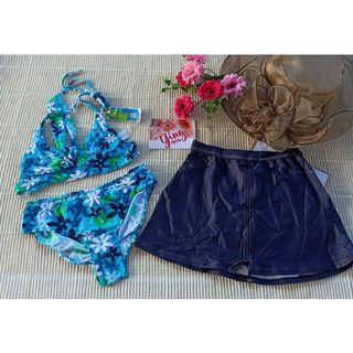 THREE PIECE FLORAL MEDIUM TO LARGE BLUE SKIRT COVER UP SWIMSUIT