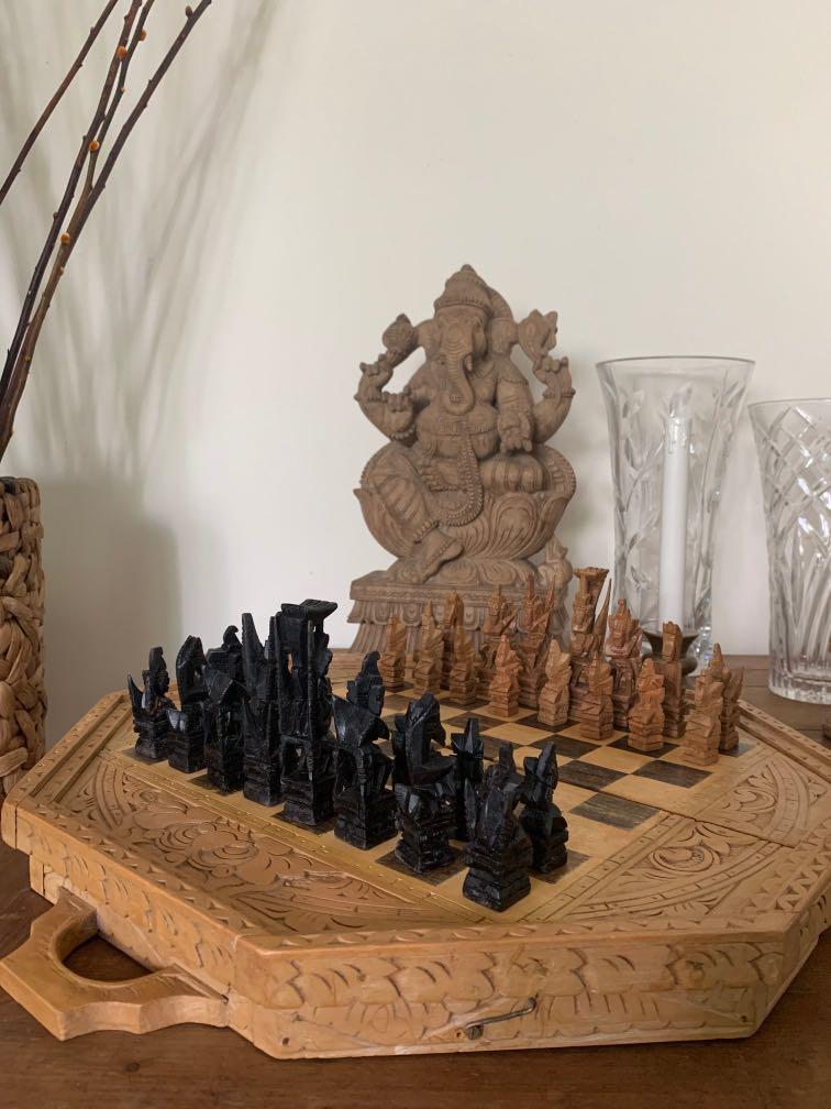 Vintage Hand Carved Wooden Antique, Antique Hand Carved Wooden Chess Set