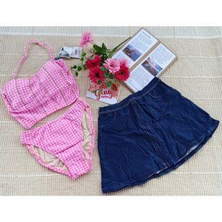 XXS PINK WITH DENIM COVER SKIRT THREE PIECE SWIMSUIT