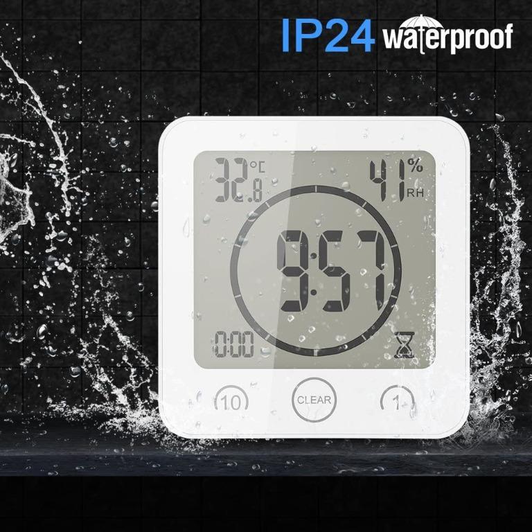 Temperature Humidity Clock LCD Waterproof Digital Shower Alarm Clock Touch Control ℃//℉ Temperature Humidity Black Count Down Timer Battery Power Bathroom Clock 3 Mounting Methods