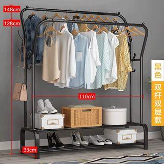 Clothing Garment Rack with double Top Rod and two Lower Storage Shelf for Boxes Shoes Boots