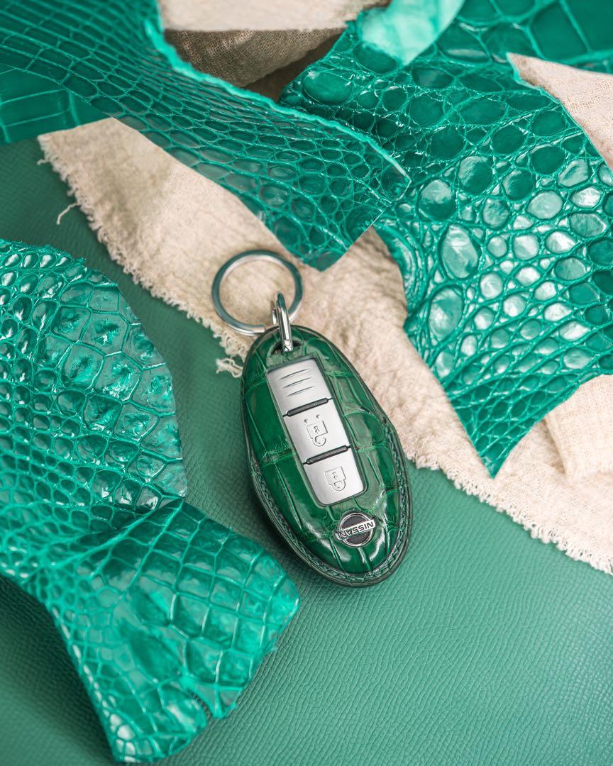 Custom Made Nissan Car Key Fob In Emerald Green Crocodile Leather, Car