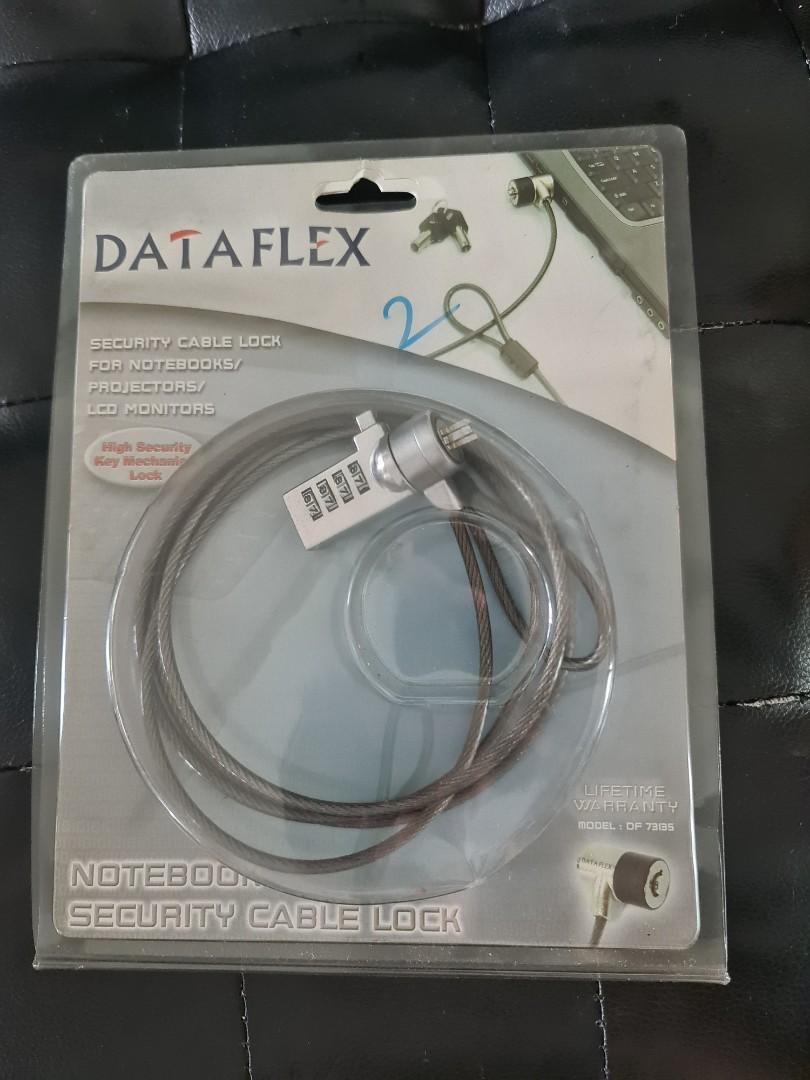 Dataflex notebook security cable lock (Category: Cables & Adaptors) located in Singapore. Submitted by wheelskinz.sg (Listing ID 1071554090, Image 1). Description: Brand new, never been used before. High security key mechanism lock. 5mm braided steel and 4 digit number lock..