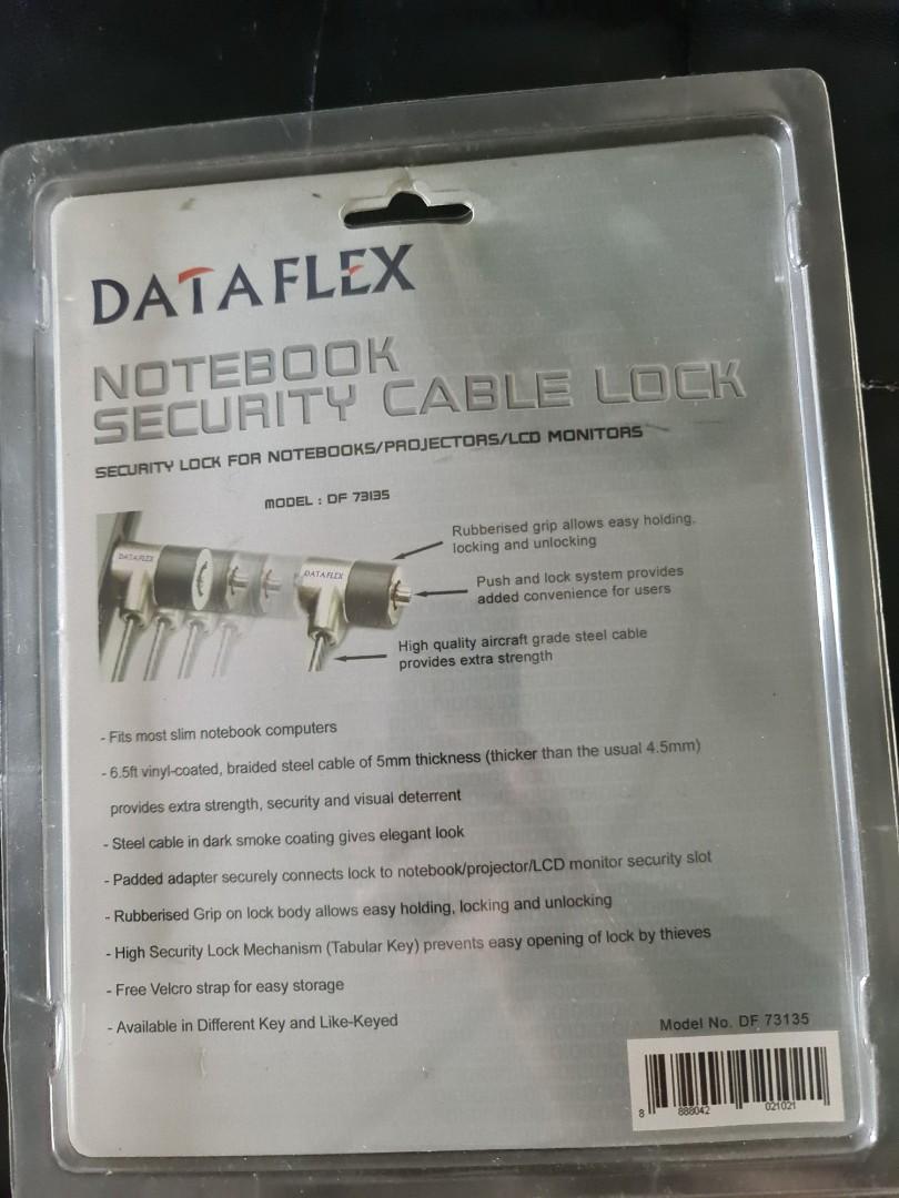 Dataflex notebook security cable lock (Category: Cables & Adaptors) located in Singapore. Submitted by wheelskinz.sg (Listing ID 1071554090, Image 2). Description: Brand new, never been used before. High security key mechanism lock. 5mm braided steel and 4 digit number lock..