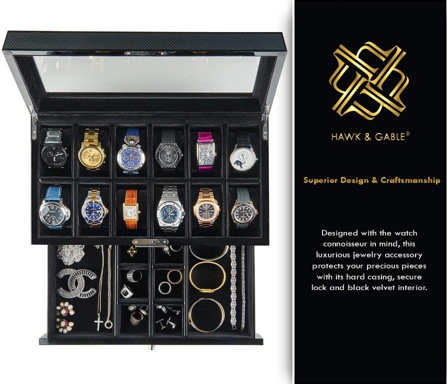 HAWK GABLE USA Specter Valet Premium 12 Slot Watch Box Organizer with Lock and Glass