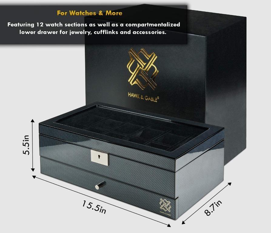 HAWK & GABLE USA Specter Valet Premium 12 Slot Watch Box Organizer with ...