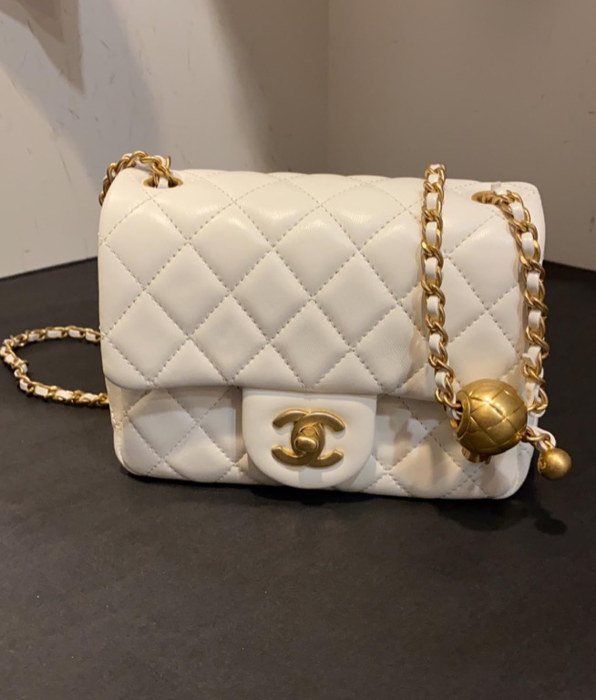 NWT! 22C CHANEL 🤍Mini Square White Pearl Crush Gold Ball Flap Bag GHW  Receipt