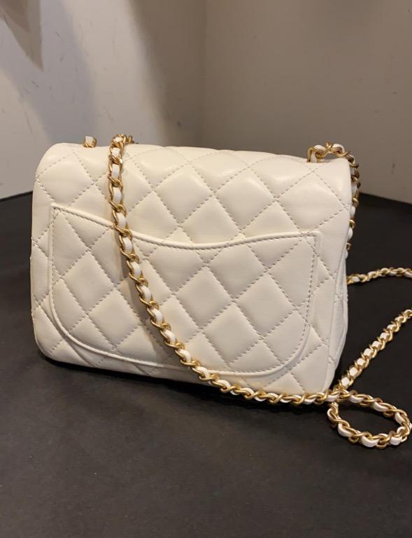 NWT! 22C CHANEL 🤍Mini Square White Pearl Crush Gold Ball Flap Bag GHW  Receipt