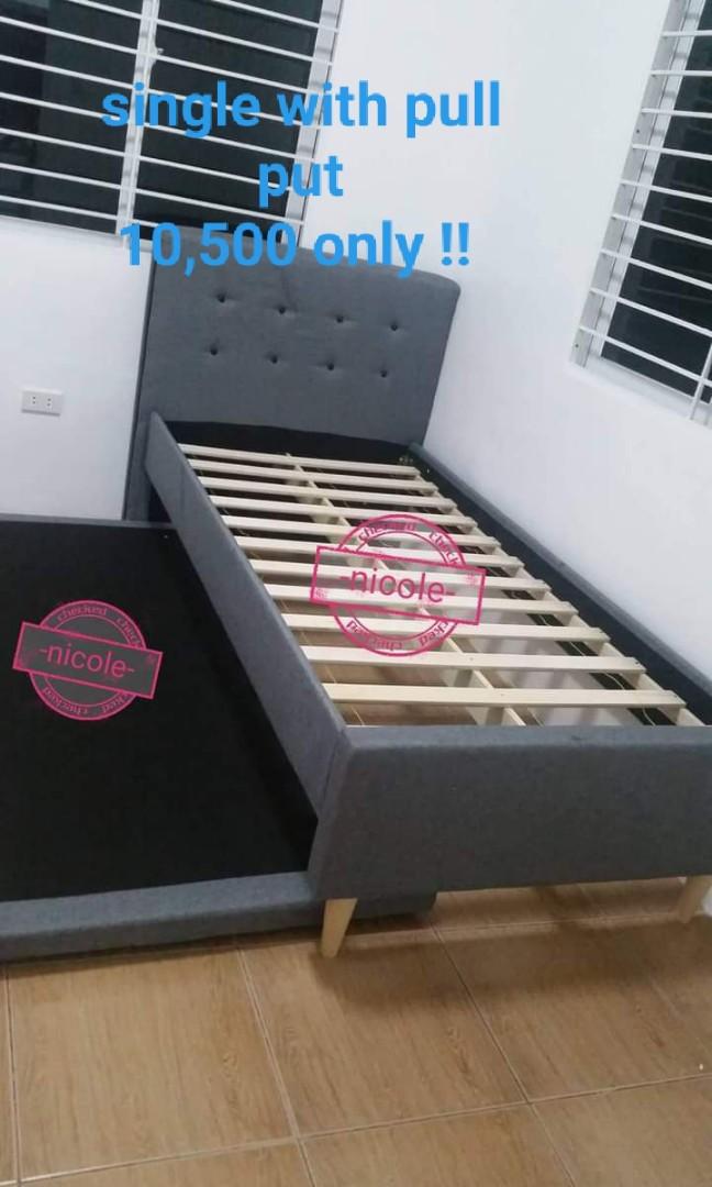 Single bed frame with pull out (Category: Bed Frames & Mattresses) located in Pasay City. Submitted by cherry_nicole (Listing ID 1071632335, Image 2). Description: 10,500 single bed frame with single pull out 36x75 ‼️‼️ WAREHOUSE SALE ‼️‼️ 💯 BRAND NEW ITEMS 💯 ✅ Malaysian rubber wood ✅ Free delivery and assemble with in metro manila ✅ Plus delivery charge in CAVITE , BULACAN, RIZAL, SOME PART OF LAGUNA , AND BATANGAS ✅ Free assemble ✅ Cash on de