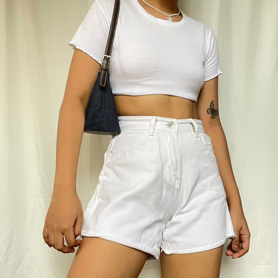 white high waisted denim shorts