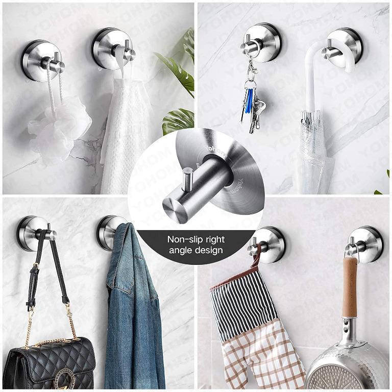 YOHOM 2Pcs Vacuum Suction Cup Hooks Holder Stick to Window Smooth Wall Shower Kitchen Bathroom Towel Hanging Hook Organizer for Towel Bathrobe and Loofah Hooks No Drill Brushed Finish Furniture Home L...