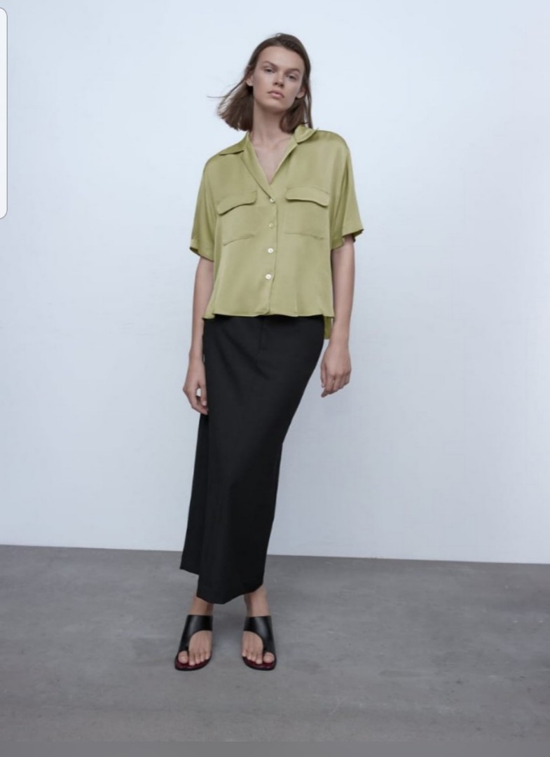Zara green oversized satin shirt kemeja 