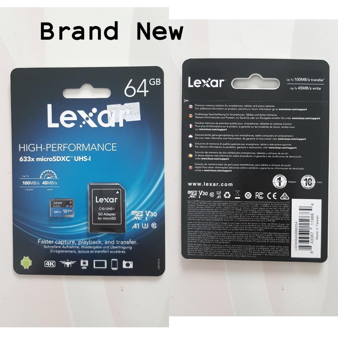 Lexar High-performance micro sd 64GB class 10 95MB/s 633x (Category: Computer Parts) located in Baguio. Submitted by jap_dugenes (Listing ID 1071837765, Image 1). Description: -Premium memory solution for sports camcorders, tablets, and smartphones -Quickly captures, stores, plays back, and transfers media files, including 1080p full-HD, 3D, and 4K video -Leverages UHS-I technology for a transfer speed up to 633x (95MB/s) -Stores more than 15 hou