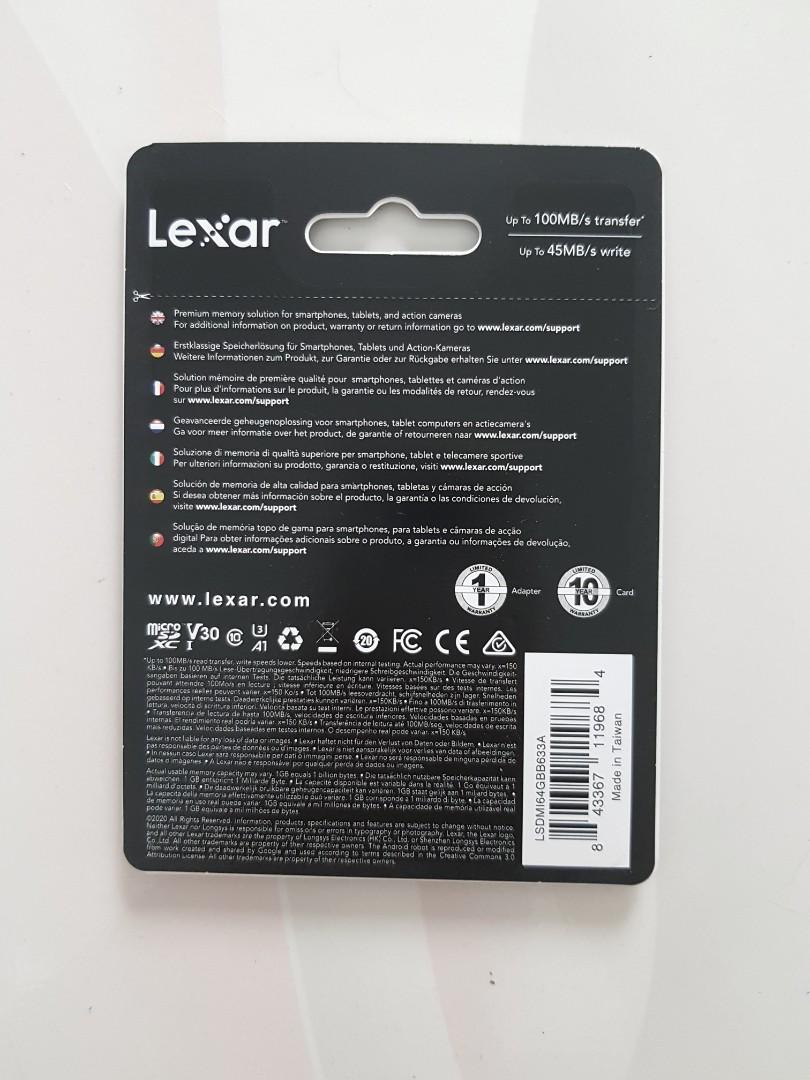 Lexar High-performance micro sd 64GB class 10 95MB/s 633x (Category: Computer Parts) located in Baguio. Submitted by jap_dugenes (Listing ID 1071837765, Image 3). Description: -Premium memory solution for sports camcorders, tablets, and smartphones -Quickly captures, stores, plays back, and transfers media files, including 1080p full-HD, 3D, and 4K video -Leverages UHS-I technology for a transfer speed up to 633x (95MB/s) -Stores more than 15 hou