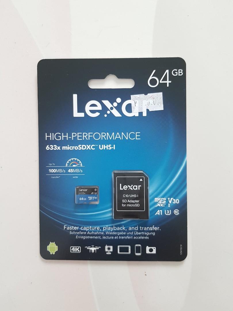 Lexar High-performance micro sd 64GB class 10 95MB/s 633x (Category: Computer Parts) located in Baguio. Submitted by jap_dugenes (Listing ID 1071837765, Image 2). Description: -Premium memory solution for sports camcorders, tablets, and smartphones -Quickly captures, stores, plays back, and transfers media files, including 1080p full-HD, 3D, and 4K video -Leverages UHS-I technology for a transfer speed up to 633x (95MB/s) -Stores more than 15 hou
