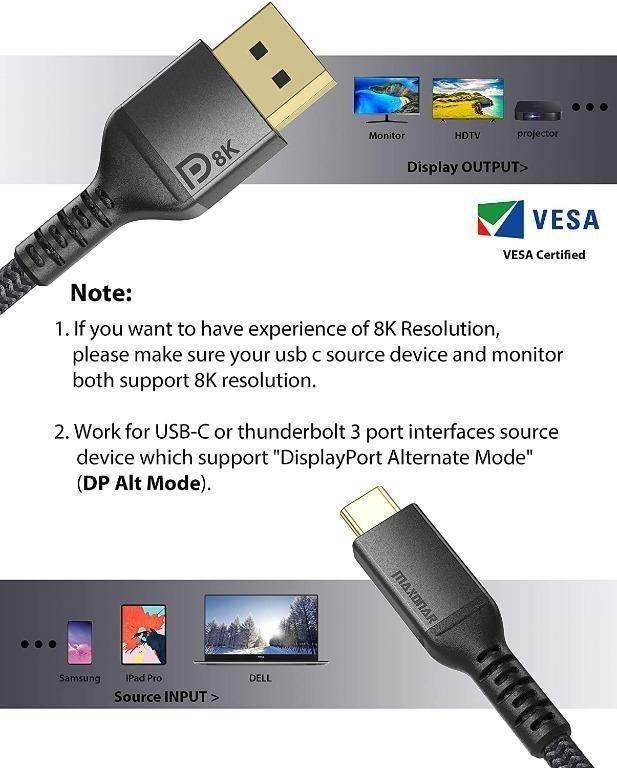 USB C to DisplayPort 1.4 8K Cable 2M/6.6Ft Thunderbolt 4/3 to DisplayPort  4K@144Hz/120Hz 5K@60Hz 2K@240Hz HBR3 