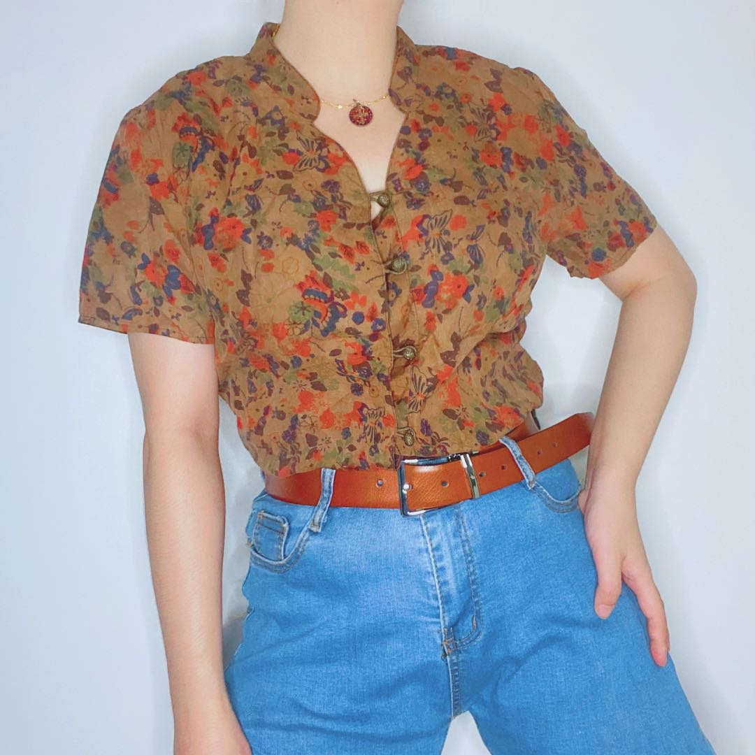 Brown Floral Vintage Blouse, Women's 