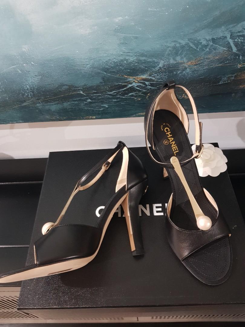 Chanel pearl T bar shoes heels EU38.5