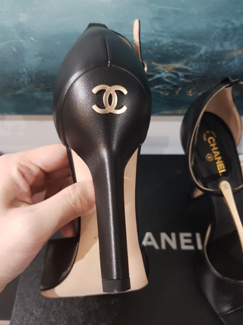 Chanel heels black satin whith pearl 8  eBay
