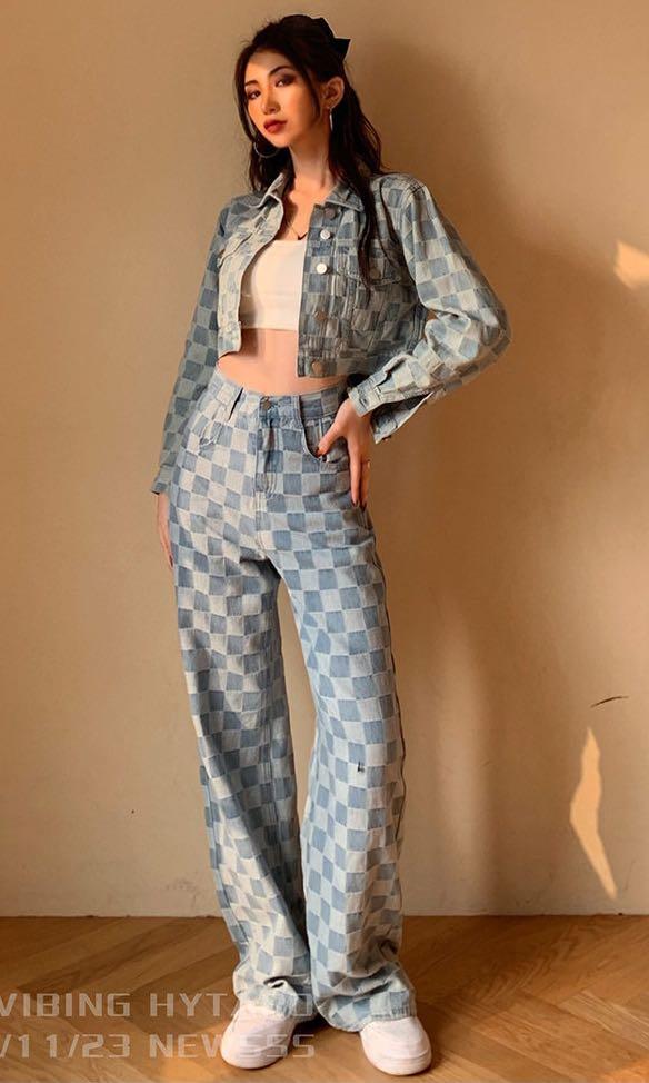 Checkered denim jeans outlet