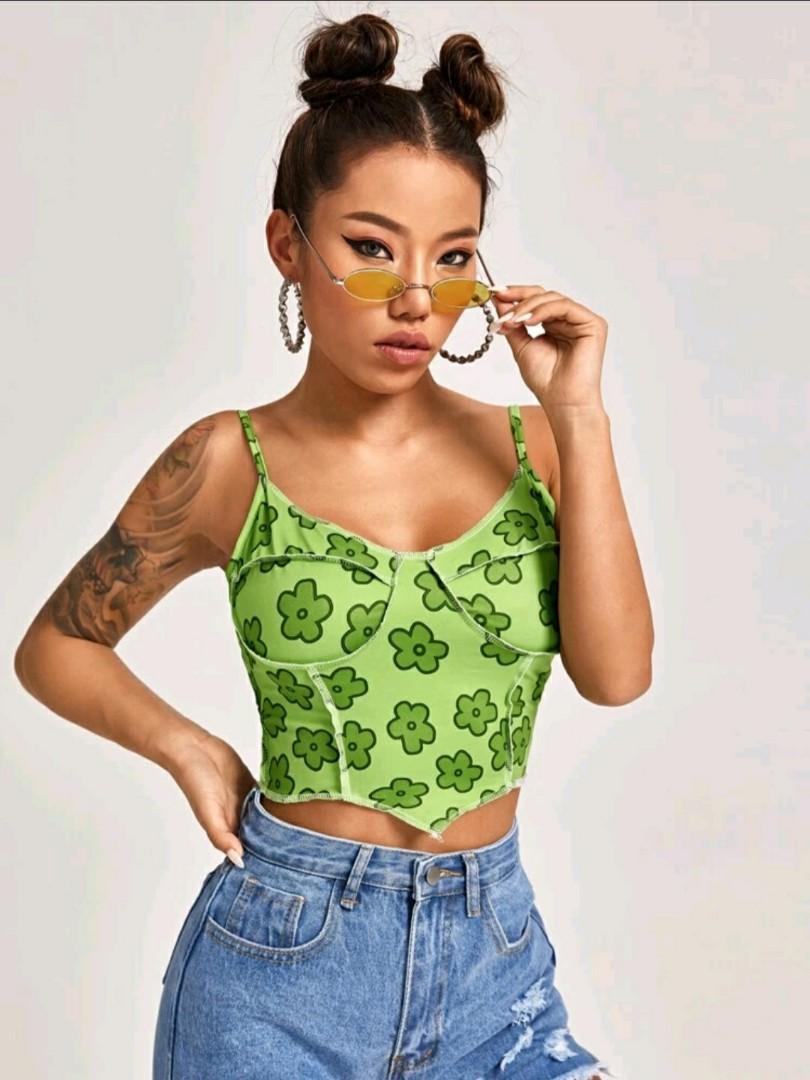 SHEIN - FLORAL STITCH GREEN CAMI TOP 