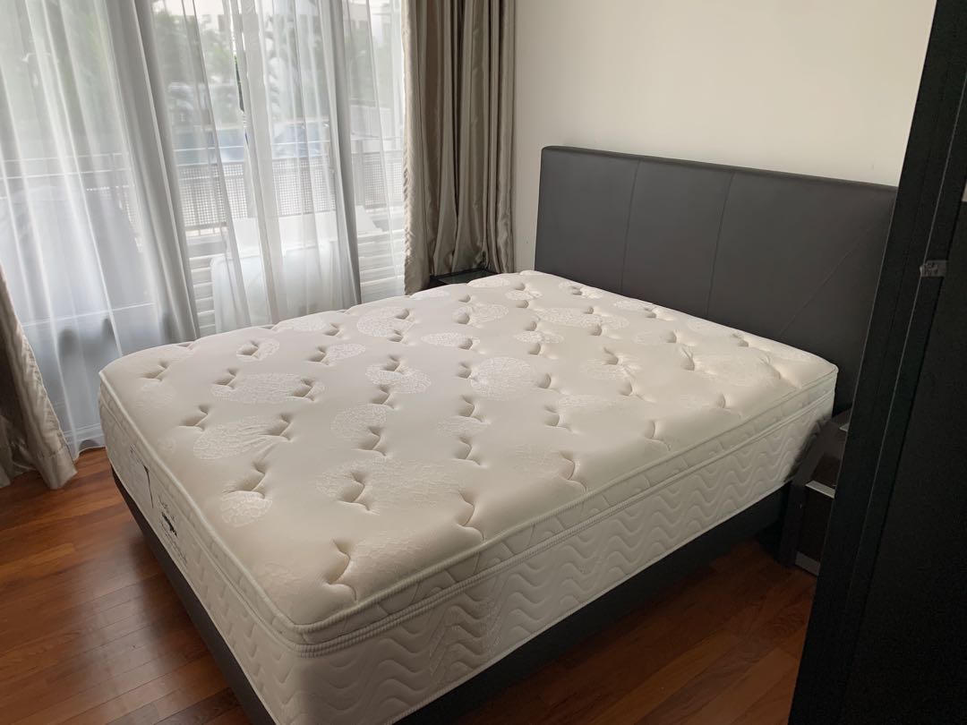 Harvey Norman queen size bed & mattress + side tables, Furniture & Home