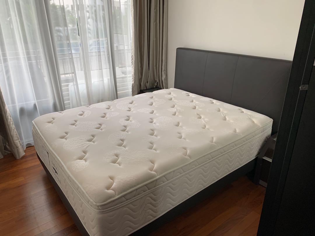 Harvey Norman queen size bed & mattress + side tables, Furniture & Home