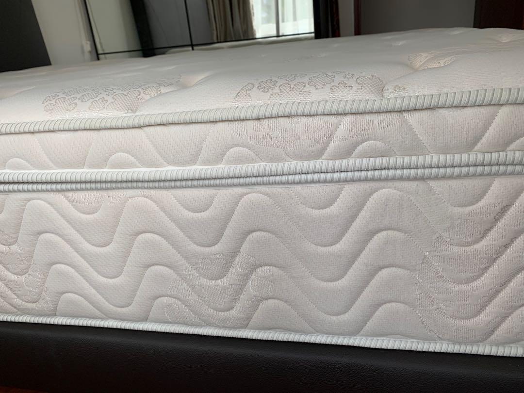 Harvey Norman queen size bed & mattress + side tables, Furniture & Home