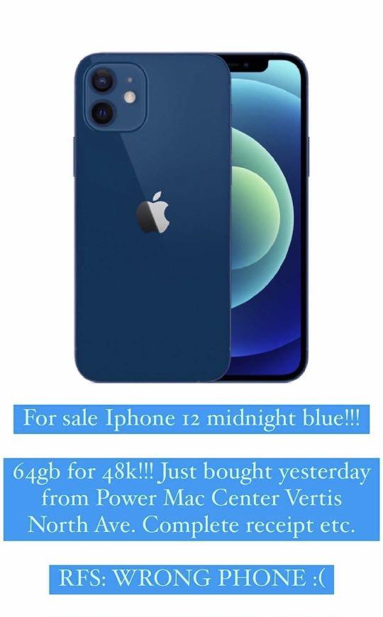 Brand New iPHONE 12 Midnight Blue (Category: iPhone 12 Series) located in Cainta. Submitted by giftsanddeclutter (Listing ID 1072009569, Image 3). Description: Brand New iPhone 12 Midnight Blue Original price is P48,915 I can show the receipt bought yesterday lang from Power Mac 😭 Rfs: Bought the wrong phone. 😔 Dapat Pro Max. Willing to Swap to Pro Max and add nalang, basta may Power Mac Receipt po🙏.