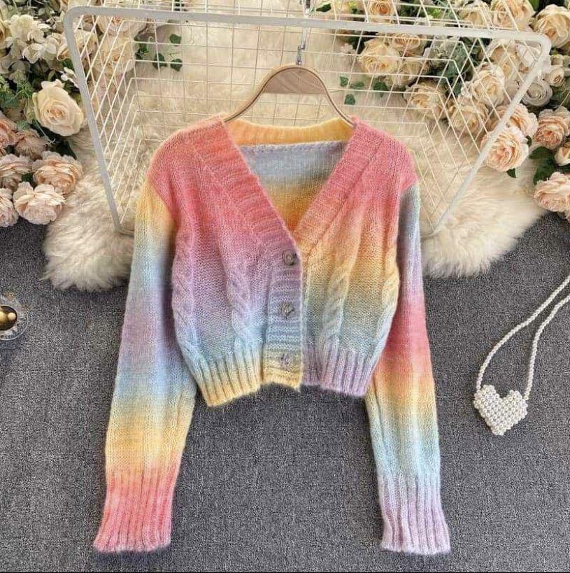 Rainbow Paddle Pop Cable Knit Cropped Cardigan 🌈, Women's Fashion