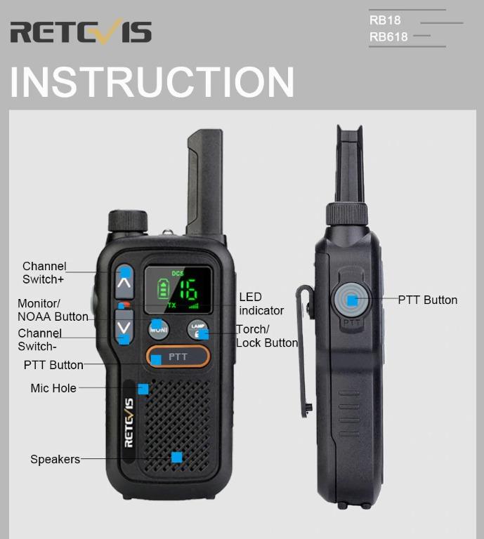 Singapore ready stock, IMDA approved, license free, Retevis RB618 (2 pcs)  pair Mini Walkie Talkie Rechargeable Walkie-Talkies PTT PMR446 Long Range  Portable Two Way Radio, Audio, Other Audio Equipment on Carousell