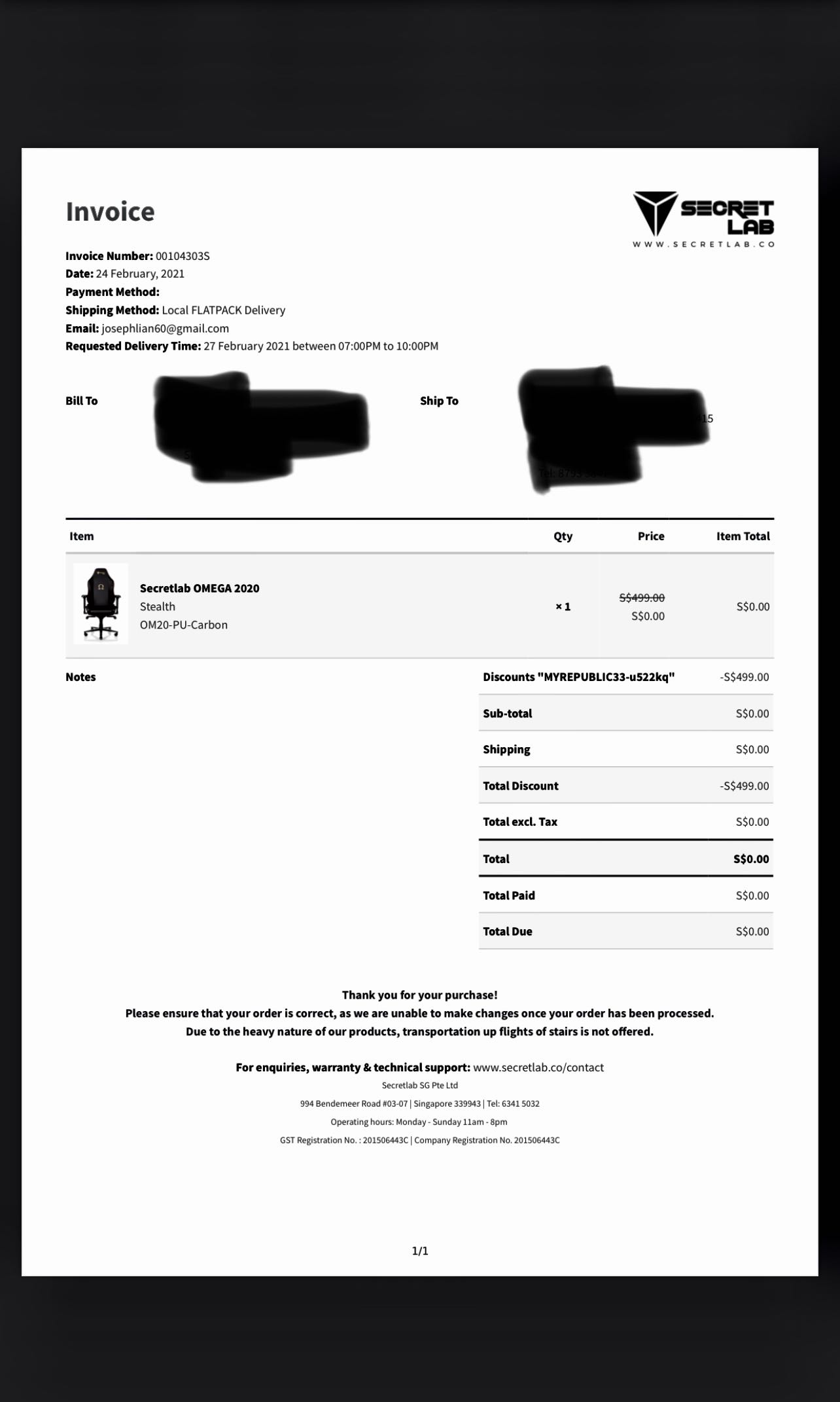 Secretlab invoice Clearance