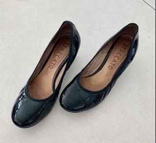 Staccato black patent leather wedges