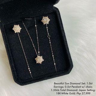 Beautiful Sun Diamond Stud Set in 18K White Gold Pawnable