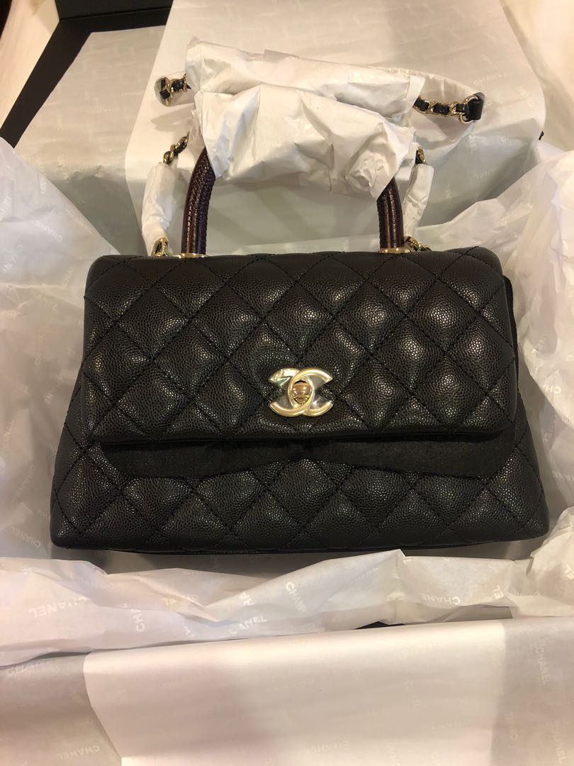 Chanel Coco Handle Bag Quilted Grained Caviar Ruthenium Mini Black